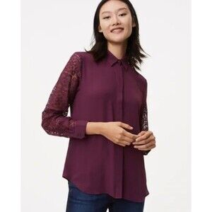 NWT-LOFT Burgundy Maroon Lace Long Sleeve Women Button Work Blouse Large